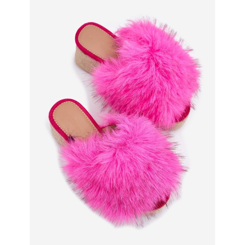 Damenflip flops mit Keil mit Fell und Geflecht Fuchsia rosa 2