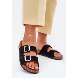 Pantoffeln für Frauen auf einer Korkplattform mit schwarzen Klemmen 2