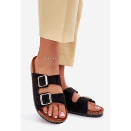 Pantoffeln für Frauen auf einer Korkplattform mit schwarzen Klemmen 1