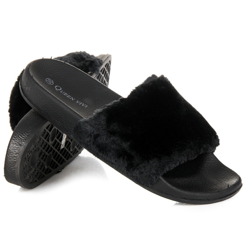 Queen Vivi Hausschuhe mit Fell schwarz 1