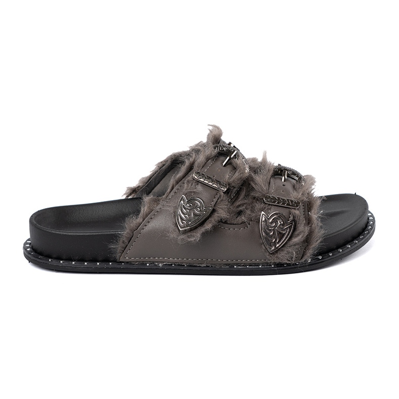 Shelvt Graue Flip Flops mit Fell und Stollen 1