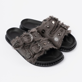 Shelvt Graue Flip Flops mit Fell und Stollen 2