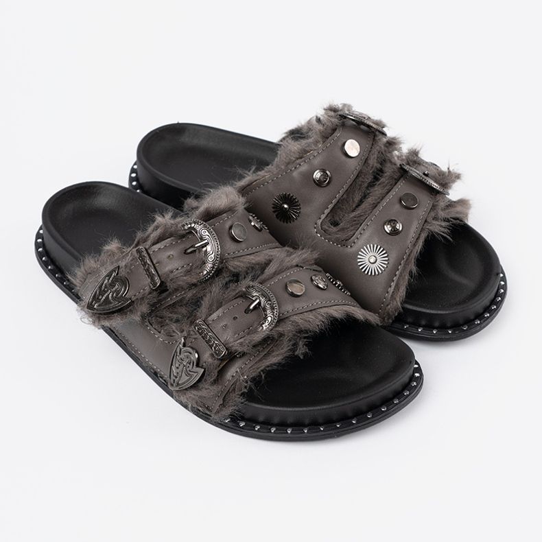 Shelvt Graue Flip Flops mit Fell und Stollen 2