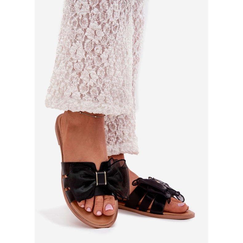 Boto Flach -gekräuselte Frauenflip -Flops mit einem Tüll -Bogenschwarzen Tanira 1