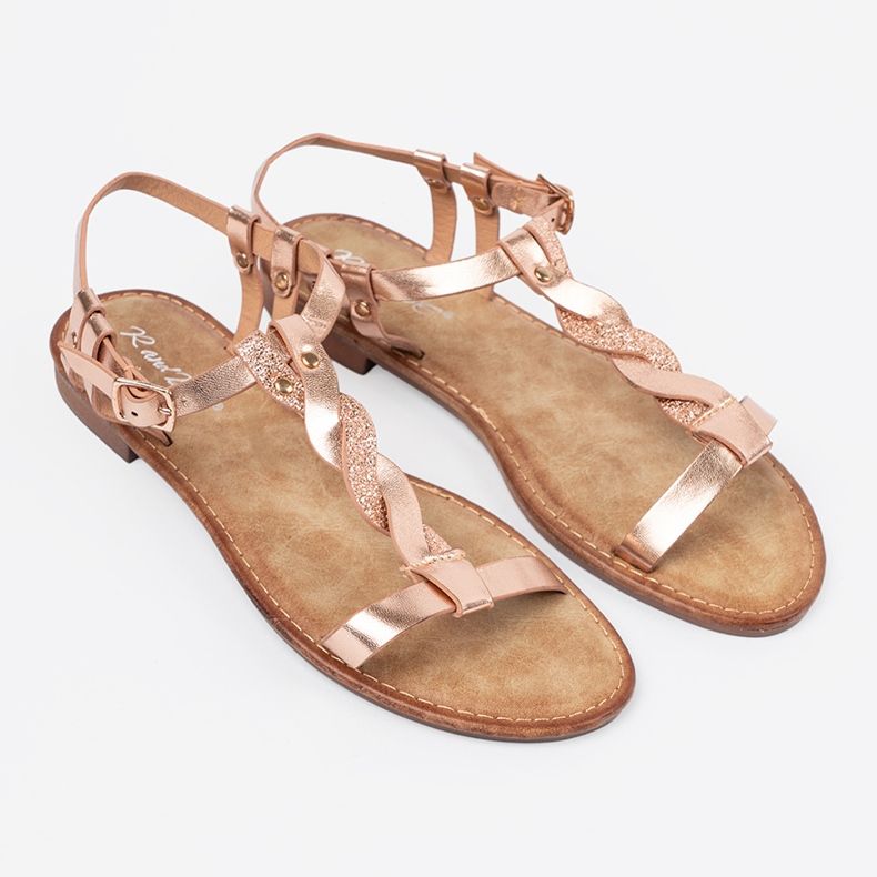 Shelvt Sandalen mit einem glänzenden rosa Goldgürtel 2