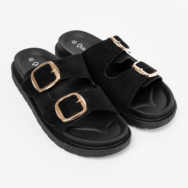 Shelvt Schwarze Flip -Flops für Frauen mit goldenen Schnallen 2