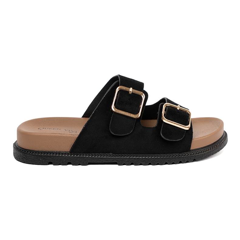 Shelvt Schwarze Frauenflip Flops mit goldenen Schnallen 2