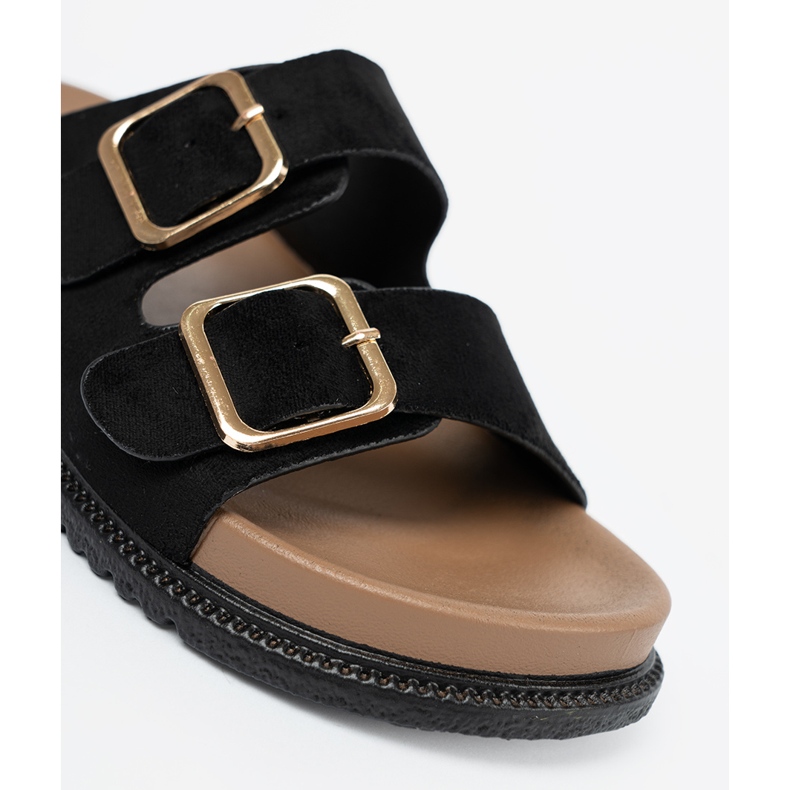 Shelvt Schwarze Frauenflip Flops mit goldenen Schnallen 1