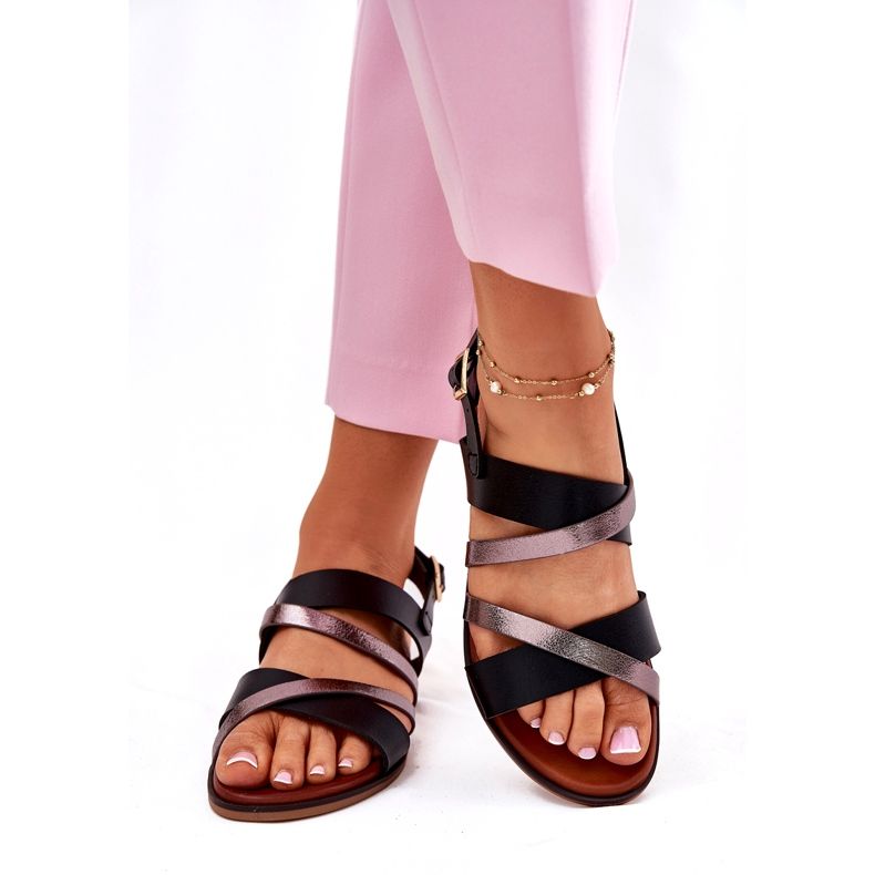 Flach -getötete Frauensandalen mit Sergio Leone SK086H Streifen schwarz 1