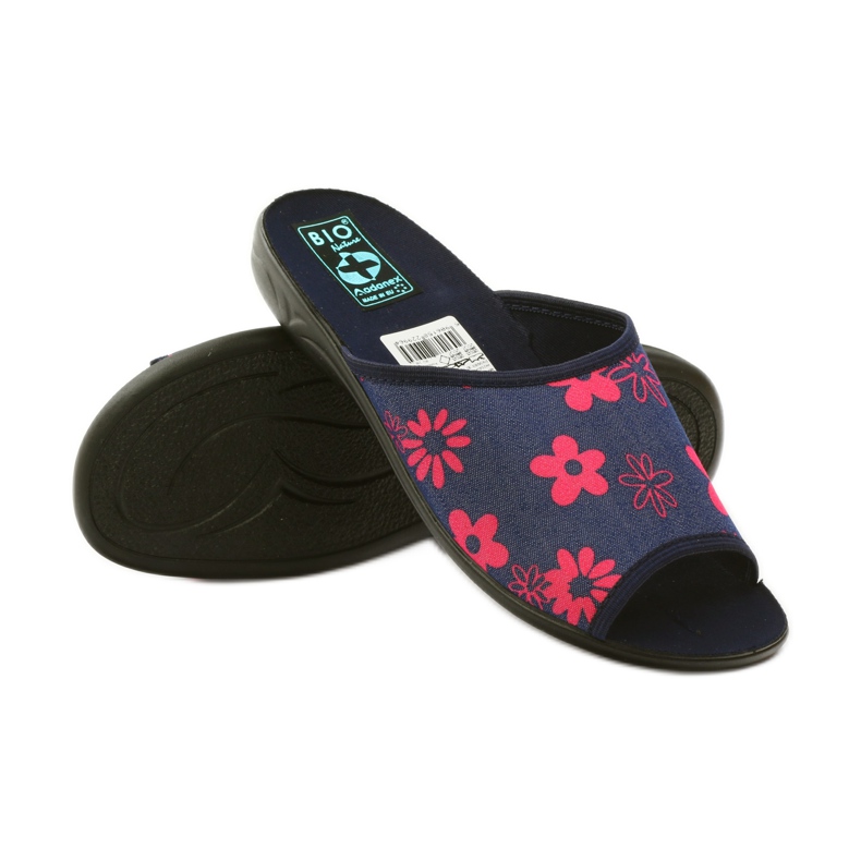 Damenhausschuhe mit Blumen Adanex marineblau rosa 3