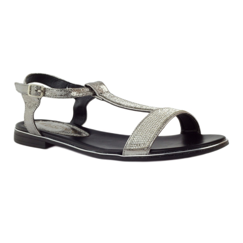 M.Daszyński Flache Sandalen mit Strasssteinen MR1583 grau 1