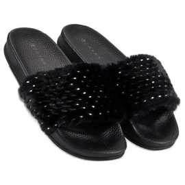 Erynn Schwarze Hausschuhe mit Fell 2