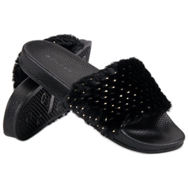 Erynn Schwarze Hausschuhe mit Fell 1