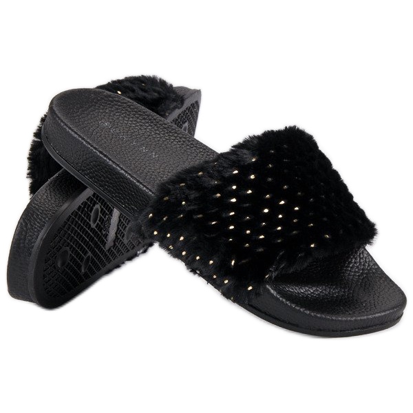 Erynn Schwarze Hausschuhe mit Fell 1