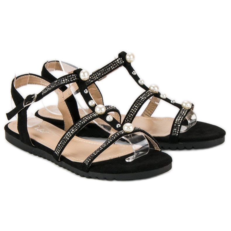 Juliet Flache Sandalen mit Perlen schwarz 2