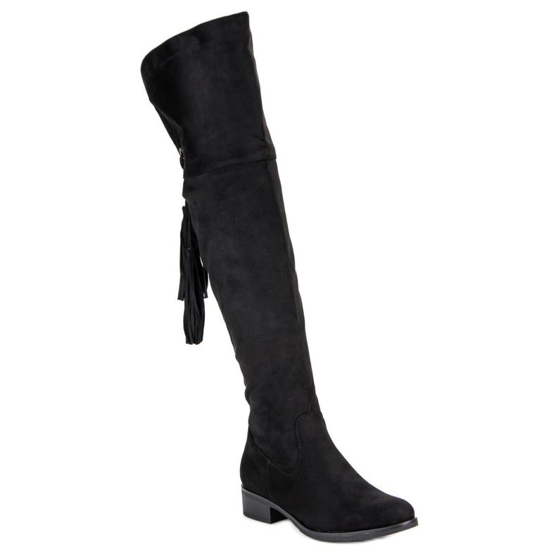 Forever Folie Schwarze, oberschenkelhohe Stiefel mit flachen Absätzen 1