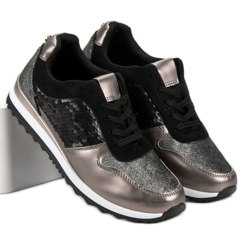 Sportschuhe mit Pailletten schwarz grau gelb 1