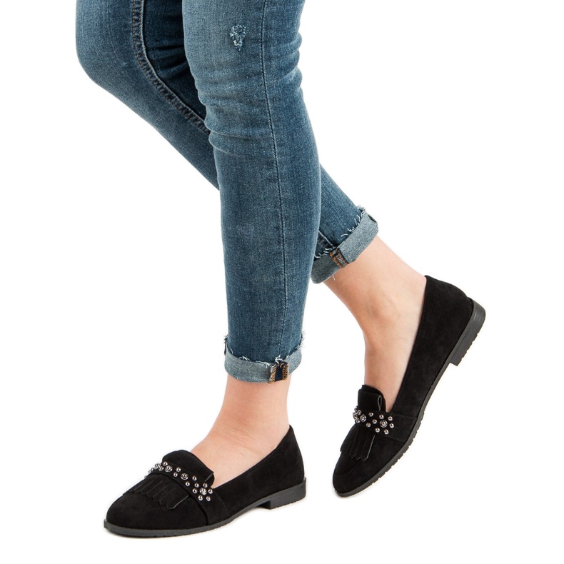 Laura Mode Schwarze Loafer mit Strasssteinen 2
