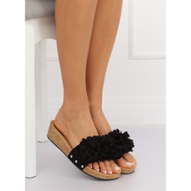 Schwarz S63 Schwarze Hausschuhe mit Blumen 2