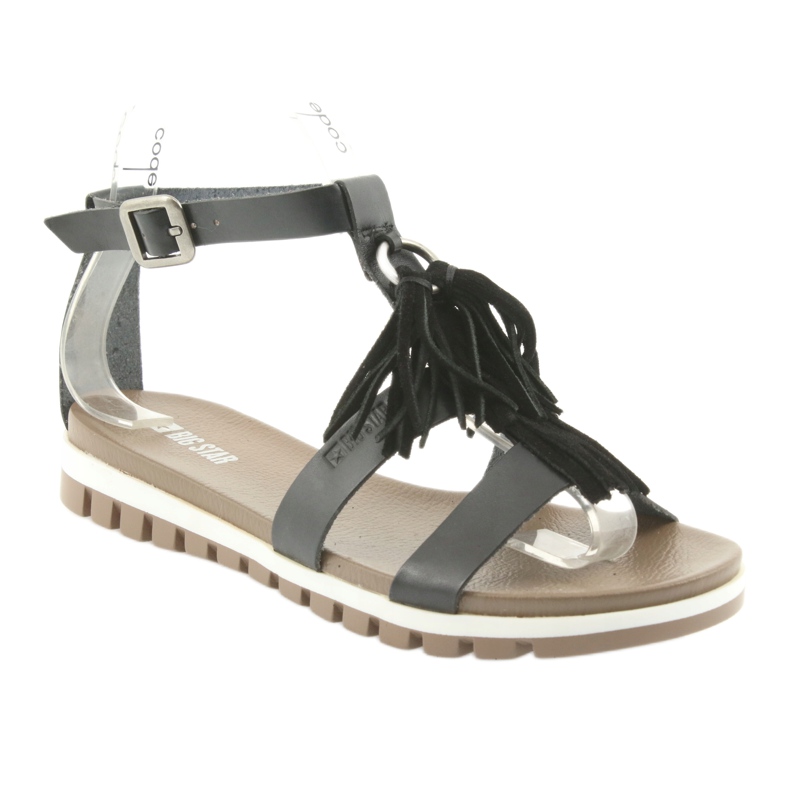 Big Star Boho 274956 Damen -Ledersandalen mit Fransen schwarz 1