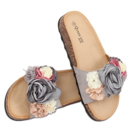 Graue Hausschuhe mit Blumen 218-170 Grau lila 1