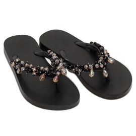 Schwarz JH68 Schwarze Flip-Flops mit Perlen 2