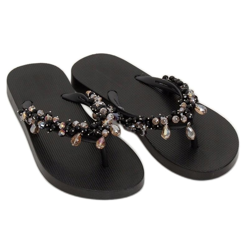Schwarz JH68 Schwarze Flip-Flops mit Perlen 2