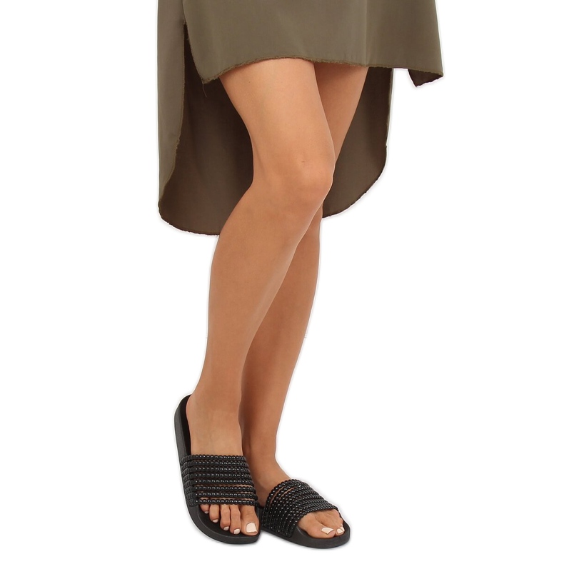 Schwarz G301 Schwarze Hausschuhe mit Perlen 2