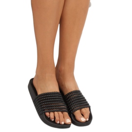 Schwarz G301 Schwarze Hausschuhe mit Perlen 1