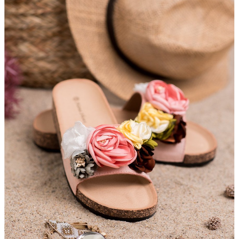 SHELOVET Wildlederhausschuhe mit Blumen rosa 1