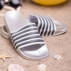 SHELOVET Sportliche gestreifte Hausschuhe grau 2