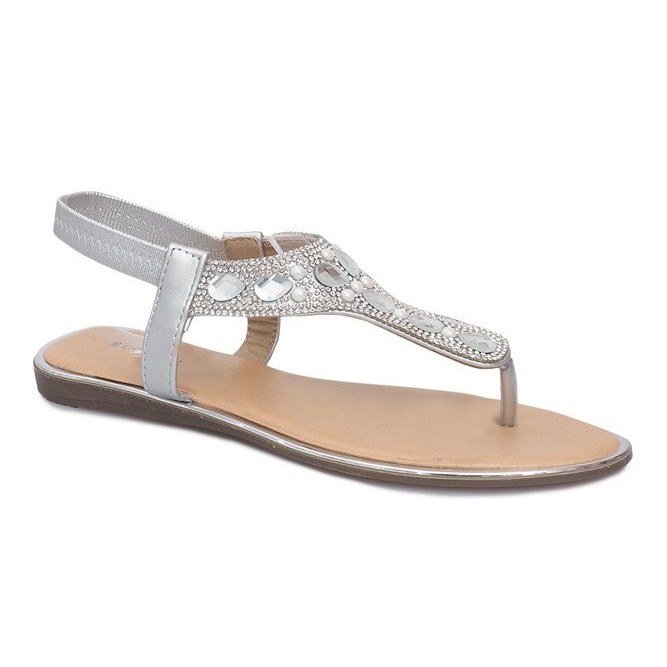 Silberne flache Sandalen mit Larissa Diamanten grau 1