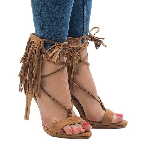 Beige Sandalen mit Stilettoabsatz, Boho Wildleder 8125-1 2