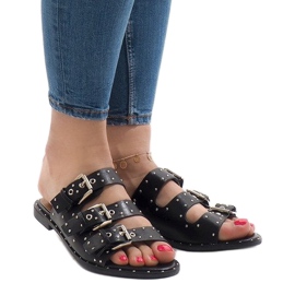 Schwarze Hausschuhe mit Nieten und Schnalle F-3659 2