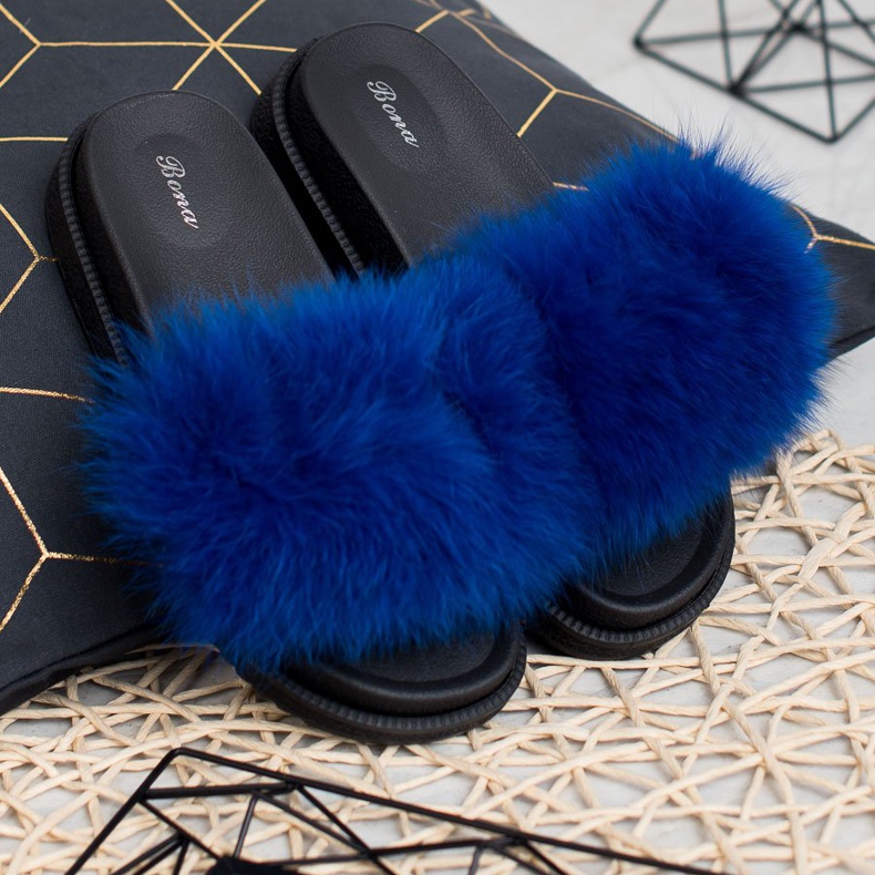 SHELOVET Hausschuhe mit Fell blau 1