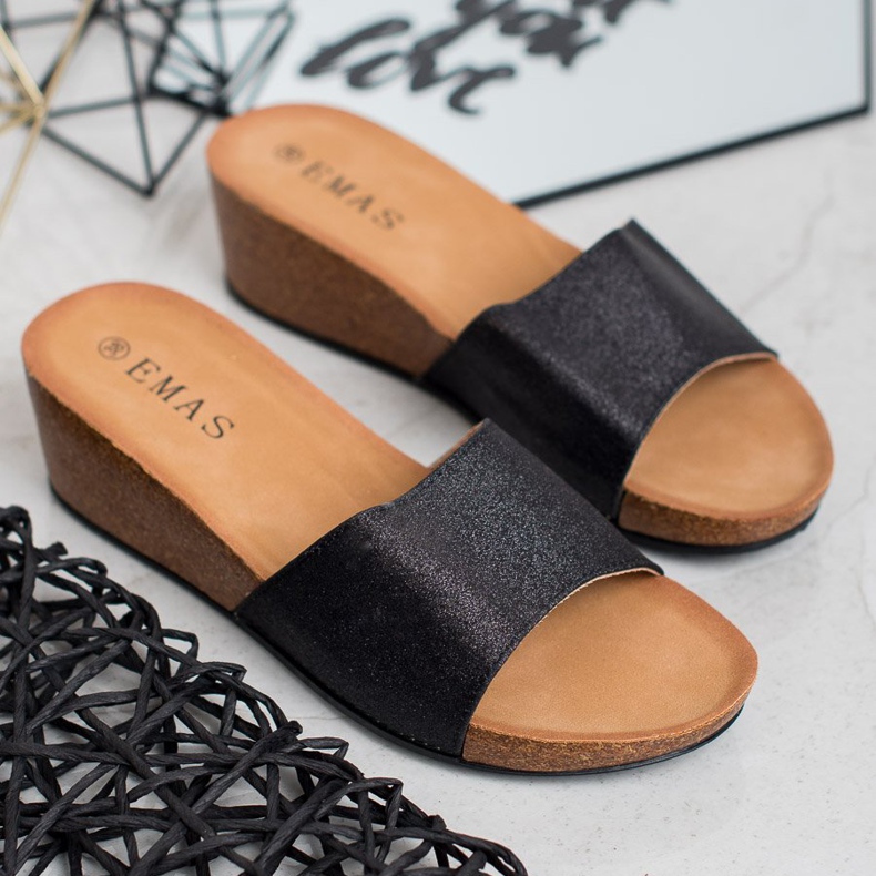 SHELOVET Glitzer Keil Hausschuhe schwarz 1