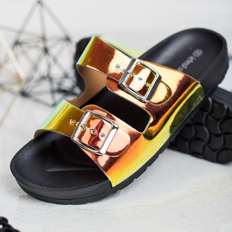 Ideal Shoes Hausschuhe mit Holo-Schnalle gelb 2