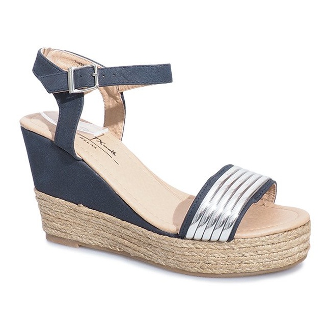 Schwarze Sandalen auf einem zarten Glam Shine Keilabsatz marineblau 1
