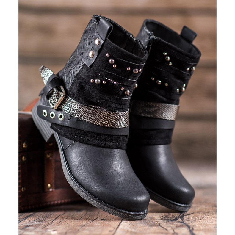 SHELOVET Stiefel mit Strasssteinen schwarz 1