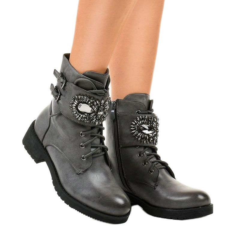 Graue Damenstiefel mit Schnalle und Diamanten 0-251 1