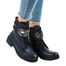 Marineblaue Damenstiefel mit Schnalle und Diamanten 0-251 1