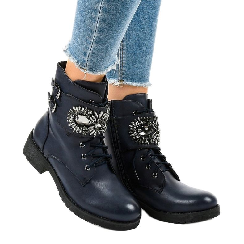 Marineblaue Damenstiefel mit Schnalle und Diamanten 0-251 1