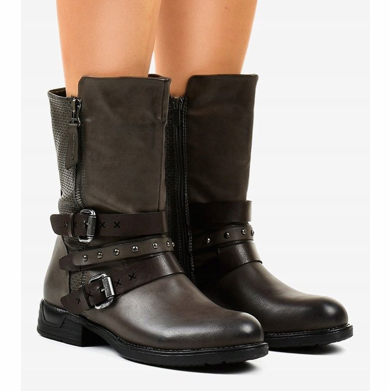 Graue flache isolierte Damenstiefel F1803 1