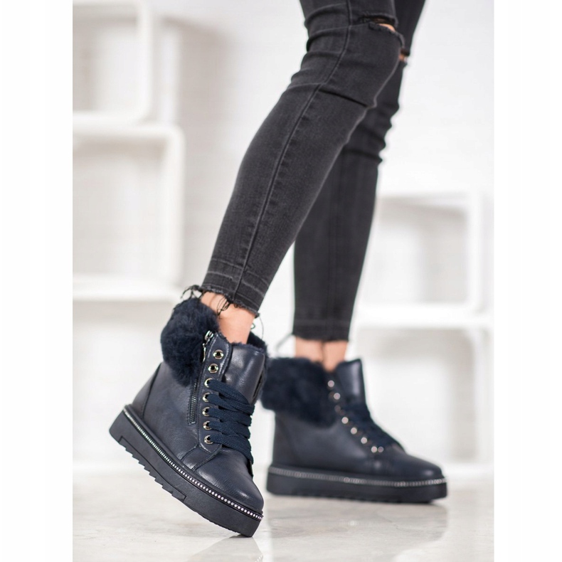 SHELOVET Blaue Stiefeletten mit Fell 1