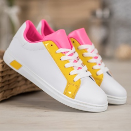 Ideal Shoes Modische Sneaker mit Öko-Leder weiß orange rosa mehrfarbig gelb 1