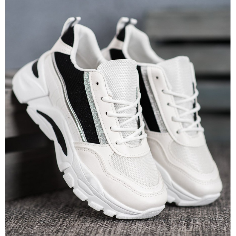 SHELOVET Stylische Sneaker mit Glitzer weiß schwarz 2