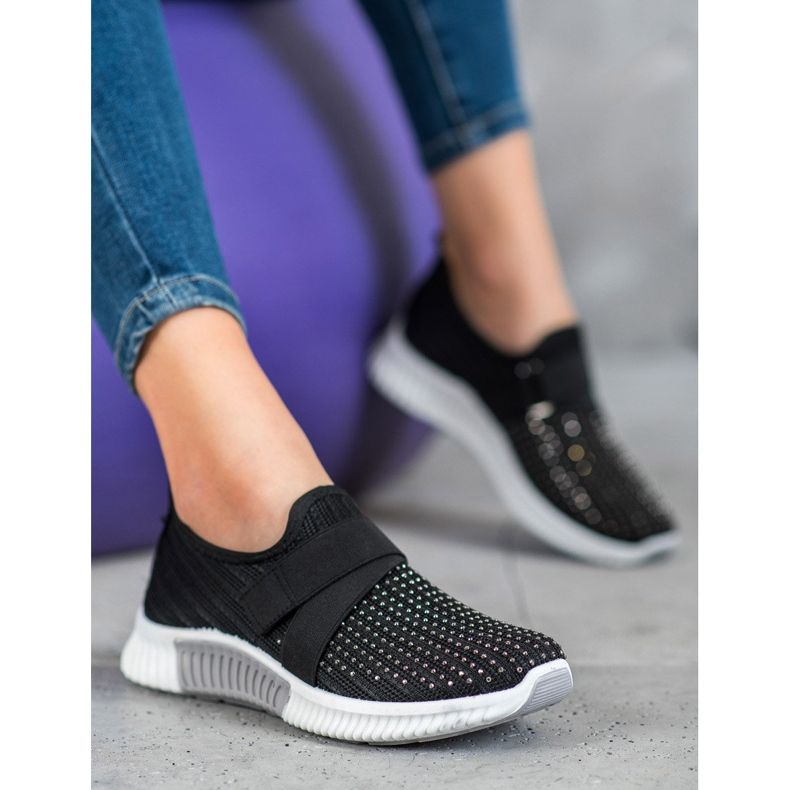 SHELOVET Schwarze Slipons mit Kristallen 1