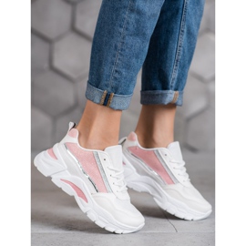 SHELOVET Stylische Sneaker mit Glitzer weiß rosa 2
