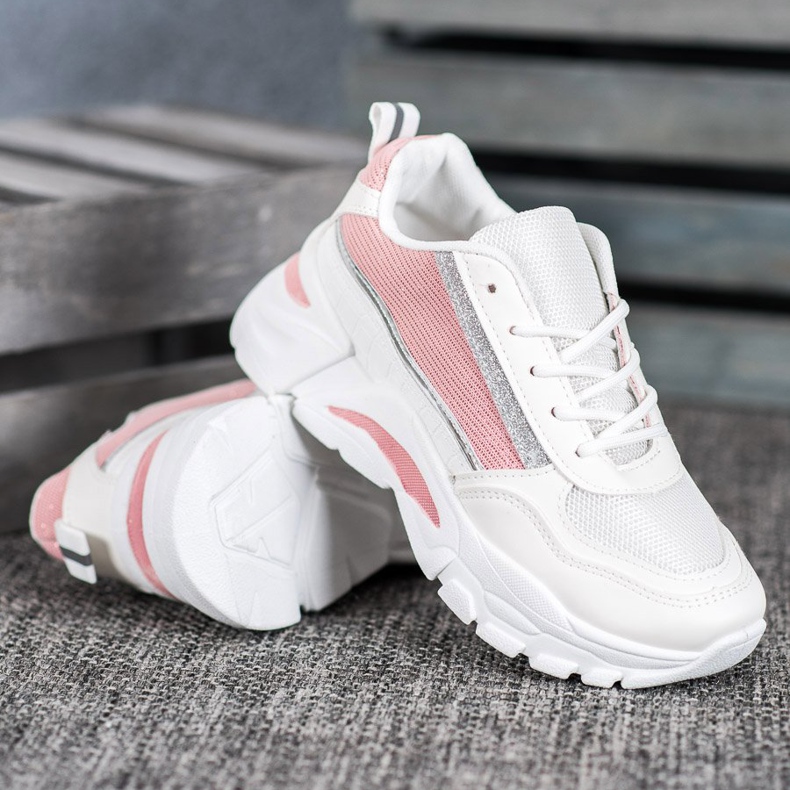 SHELOVET Stylische Sneaker mit Glitzer weiß rosa 1