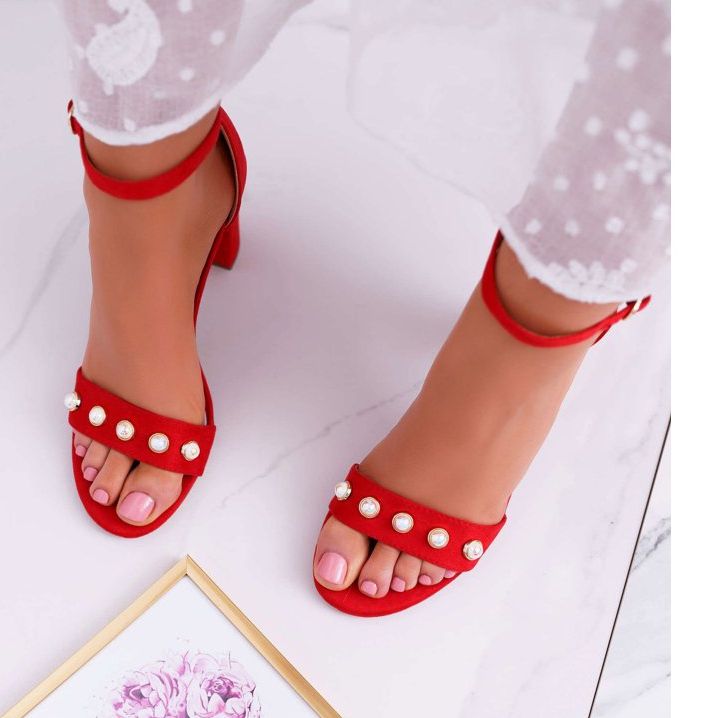 S.Barski Damensandalen auf Absatz mit Perlen Rot Renes 2